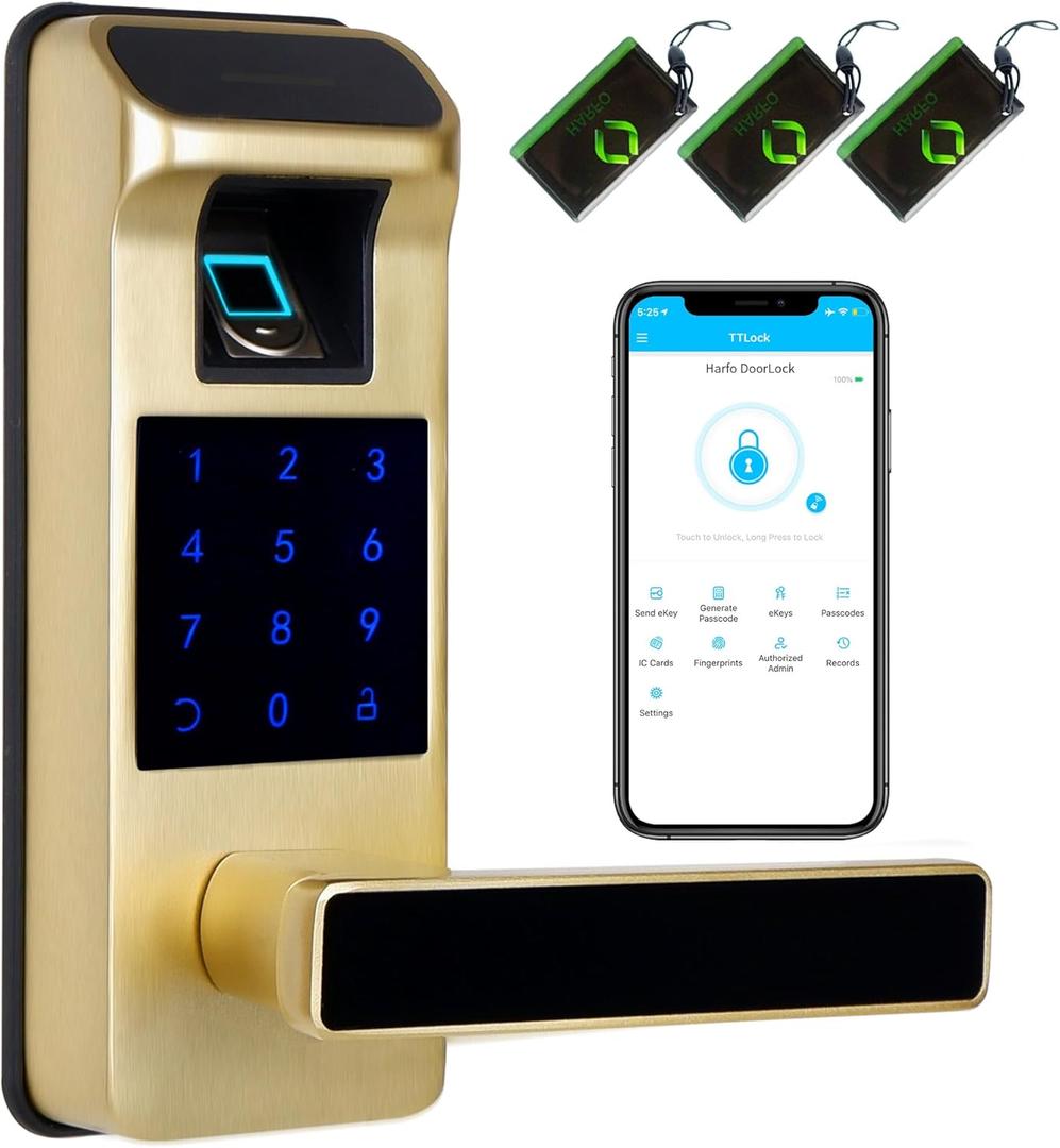 Harfo Smart Door Lock, Heavy Duty 5 in 1 Keyless Entry Door Lock, Full App Control Digital Keypad Lock, Reversible Handle with Fingerprints and Passcodes for Family/Office/Apartment (Gold)