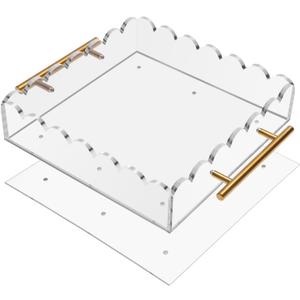 Acrylic Scalloped Tray 10'' X 10'' Acrylic Tray with Magnetic Mat and Handles for Customizable Picture, Clear Acrylic Tray for Bathroom Kitchen Living Room Decor Vanity Perfume