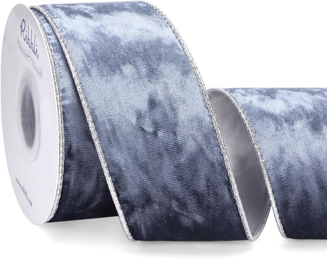 Ribbli Dusty Blue Velvet Wired Ribbon 2.5 Inch Metallic Dusty Blue Crushed Velvet Christmas Ribbon for Gift Wrapping Christmas Tree Decoration Crafts Wreaths Supplies-Continuous 10 Yards