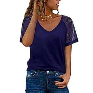 WEESO Casual T Shirts for Women V Neck Mesh Short Sleeve Summer Tops Loose Fit Dressy (XL) Navy Blue 