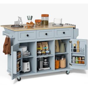 Rovibek Kitchen Island with Drawers 53 in Rolling Island Cart Mobile Portable Islands on Wheels Solid Wood Island with Storage Cabinet & Drawers, Blue