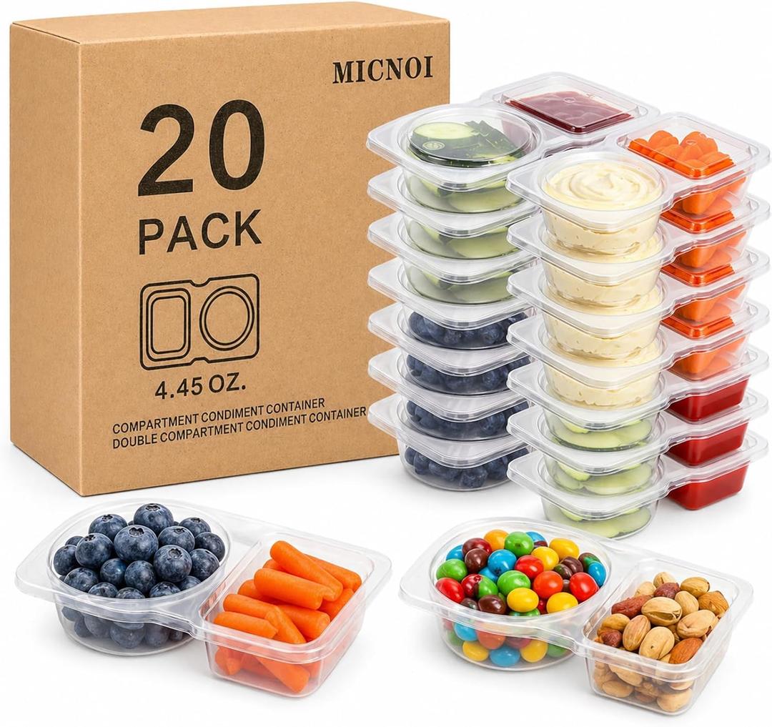 Snack Pack Containers, Reusable 2 Compartment Condiment Containers with Lids, Ideal for On-the-Go Mini Sauce Boxes & Snack Prep Containers for Kids and Adults, BPA-Free