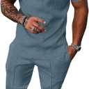 UOUA Mens Sweat Suits Set Tracksuit 2 Piece Outfits Short Sleeve Casual Sweatshirt & Loose Jogging Pants, Denim Blue, XX-Large