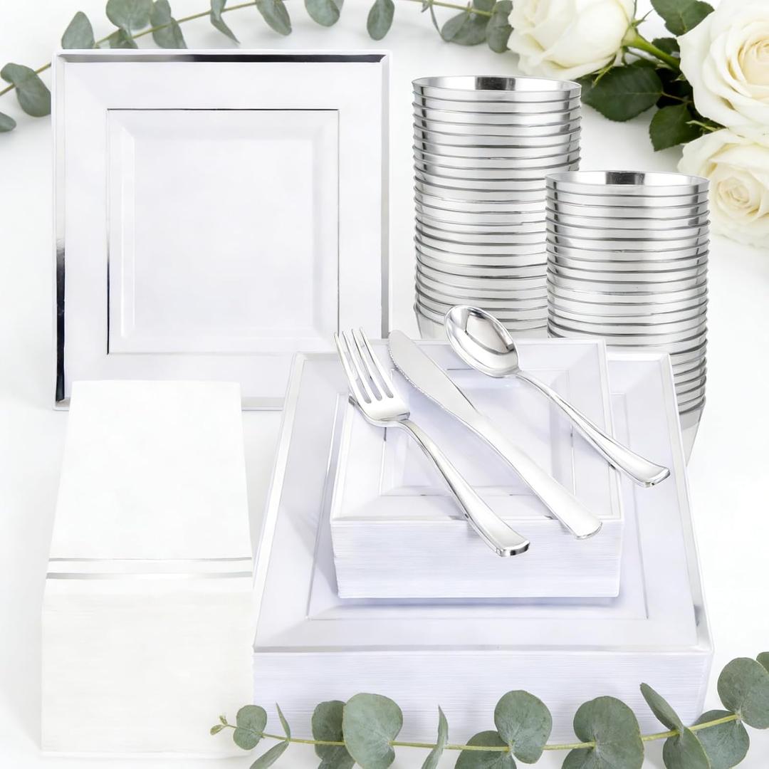 Festiva 350Pcs Silver Plates - Silver Square Plastic Plates 9 .5" and 6" - serve for 50 guests include 50 Cups 50Plastic Cutlery 50Hand Napkins Perfect for Party&Wedding&Birthday