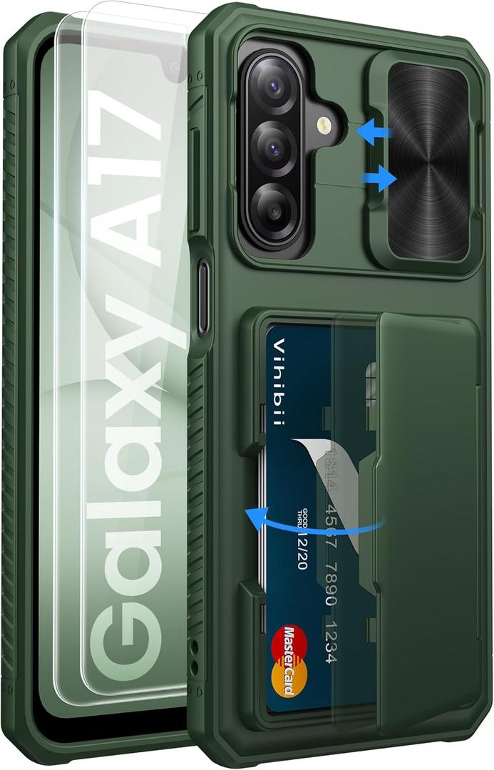 Vihibii for Samsung Galaxy A17 5G Phone Case Wallet with 2X Screen Protector, Built-in Card Holder (4 Cards), [RFID Blocking] & Slide Camera Cover & Shockproof Rugged Cover Case for Samsung A17, Green