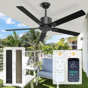 52 in Outdoor Ceiling Fan No Light - Modern DC Motor Ceiling Fan No Light with App and Remote Control, 5 Blades Reversible Silent Fan for Patio, Bedroom, Living Room, Garage