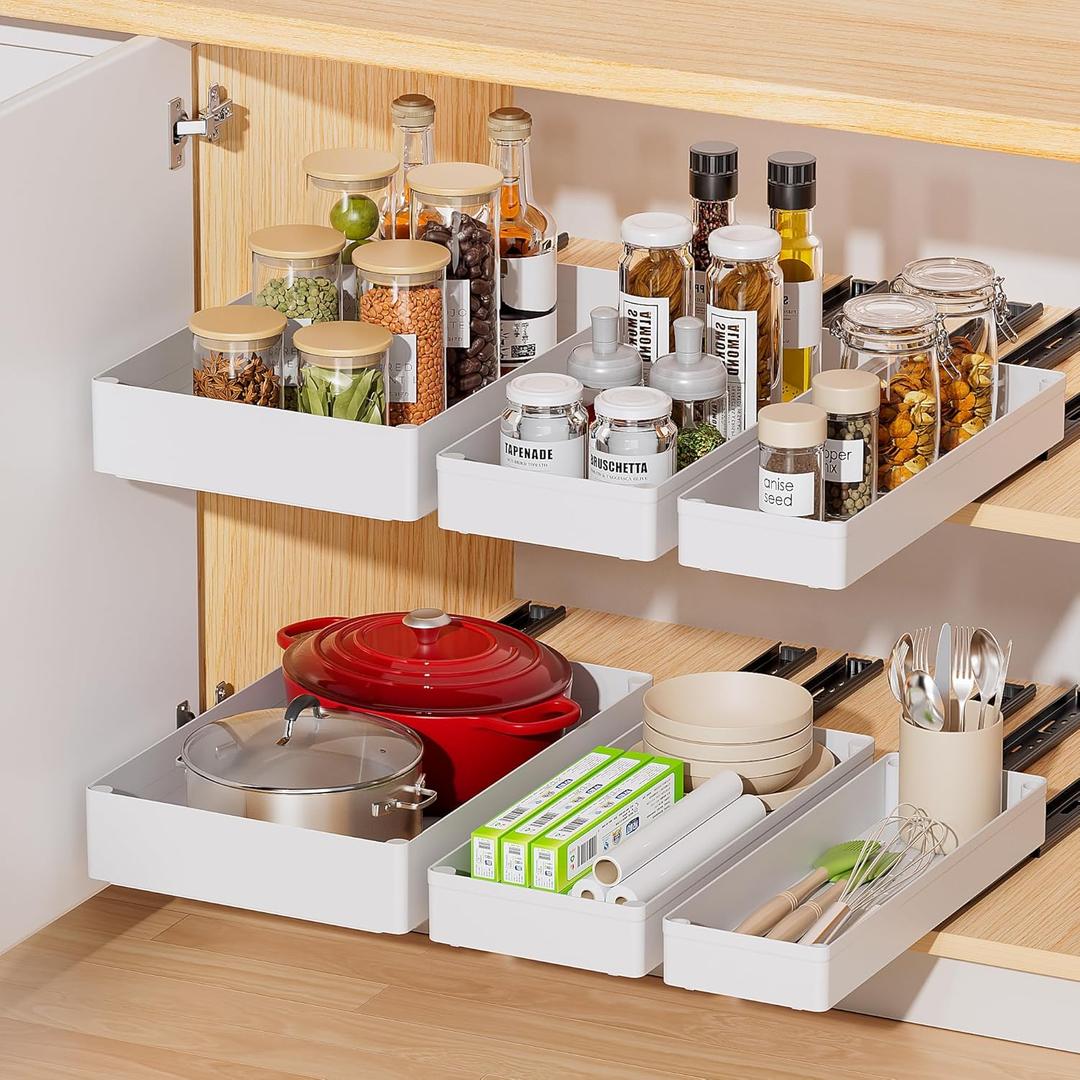 Delamu 3 Pack Pull Out Cabinet Organizer, 15.7"Deep Pull Out Drawers for Cabinets, Slide Out Drawers for Kitchen Cabinets, Bathroom Cabinet Organizer, Pantry (White)