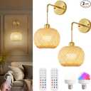 Vitnucrol Gold Battery Operated Wall Sconces Set of 2 with Remote, Rechargeable Rattan Battery Powered Wall Lights/Lamps, Wireless Boho Lighting Fixtures for Bedroom Farmhouse, 15 Colors Dimmable, 8''