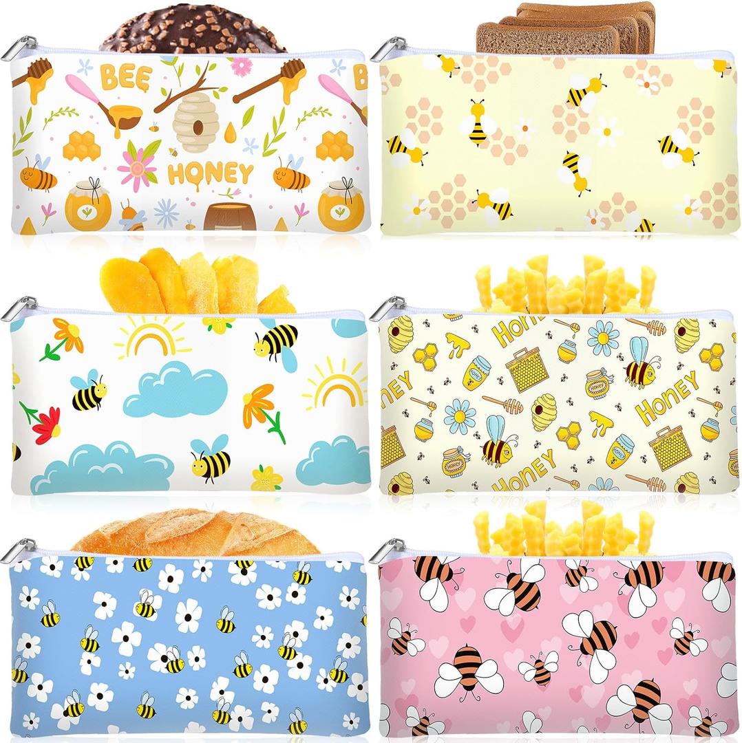 Chumia 6 Pack Reusable Snack Bags for Kids, Washable Sandwich & Food Storage Pouches, Dual-layer Silicone Lined Lunch Bags with Zipper for School & Travel(Bees,6.9 x 3.7 Inches)
