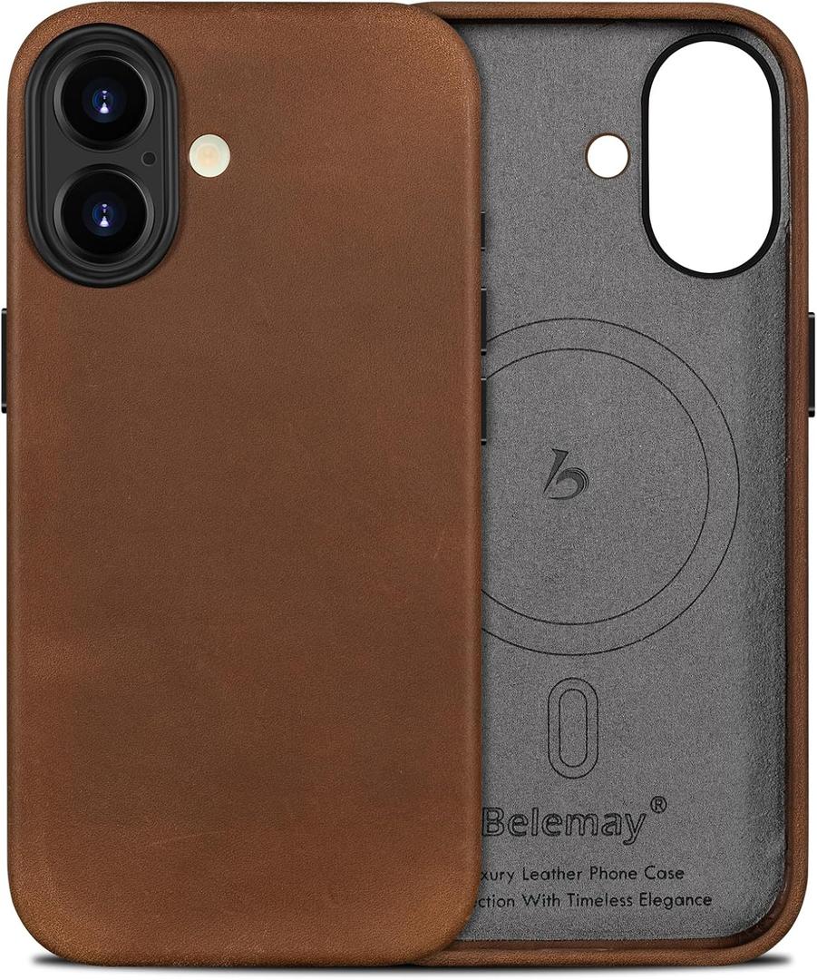 Belemay Handcrafted Crazy Horse Leather Case for iPhone 17, Compatible with MagSafe, Vintage Aesthetic, Two-Tone Effect, Unique Patina, Camera Control Button, Metal Buttons (6.3"), Vintage Brown