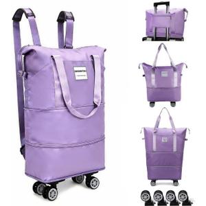 Expandable Rolling Duffle Bag - Large Carry-On With Spinner Wheels, Foldable Weekend Travel Bag, 28-58L Capacity Backpack-Purple