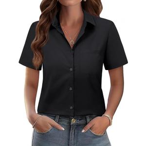 siliteelon Women Button Down Shirts Short Sleeve Button up Women,Stain Resistant Dress Shirts with Pocket fit Work Blouse (Small, Black)