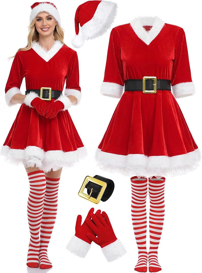 SOMSOC 5 Pack Women Mrs Claus Christmas Costume Set Velvet Dress with Belt Striped Over Knee High Socks Santa Hat Gloves (Medium)