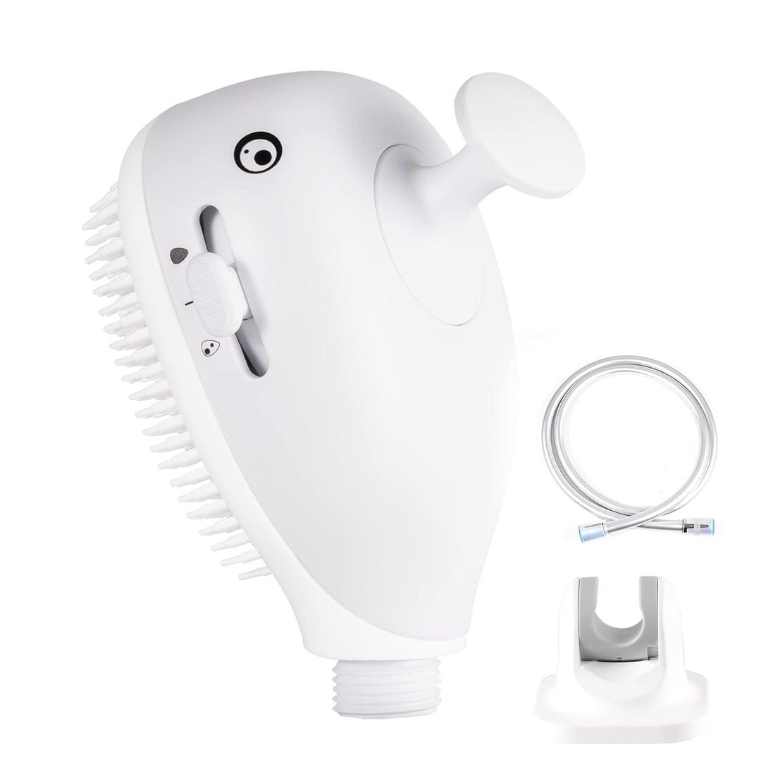 Baby Bath Shower Head Shark Bath Sprayer for Kids with Soft Silicone Brush, with 1.5m PVC Shower Hose and Hand Shower Holder White Color