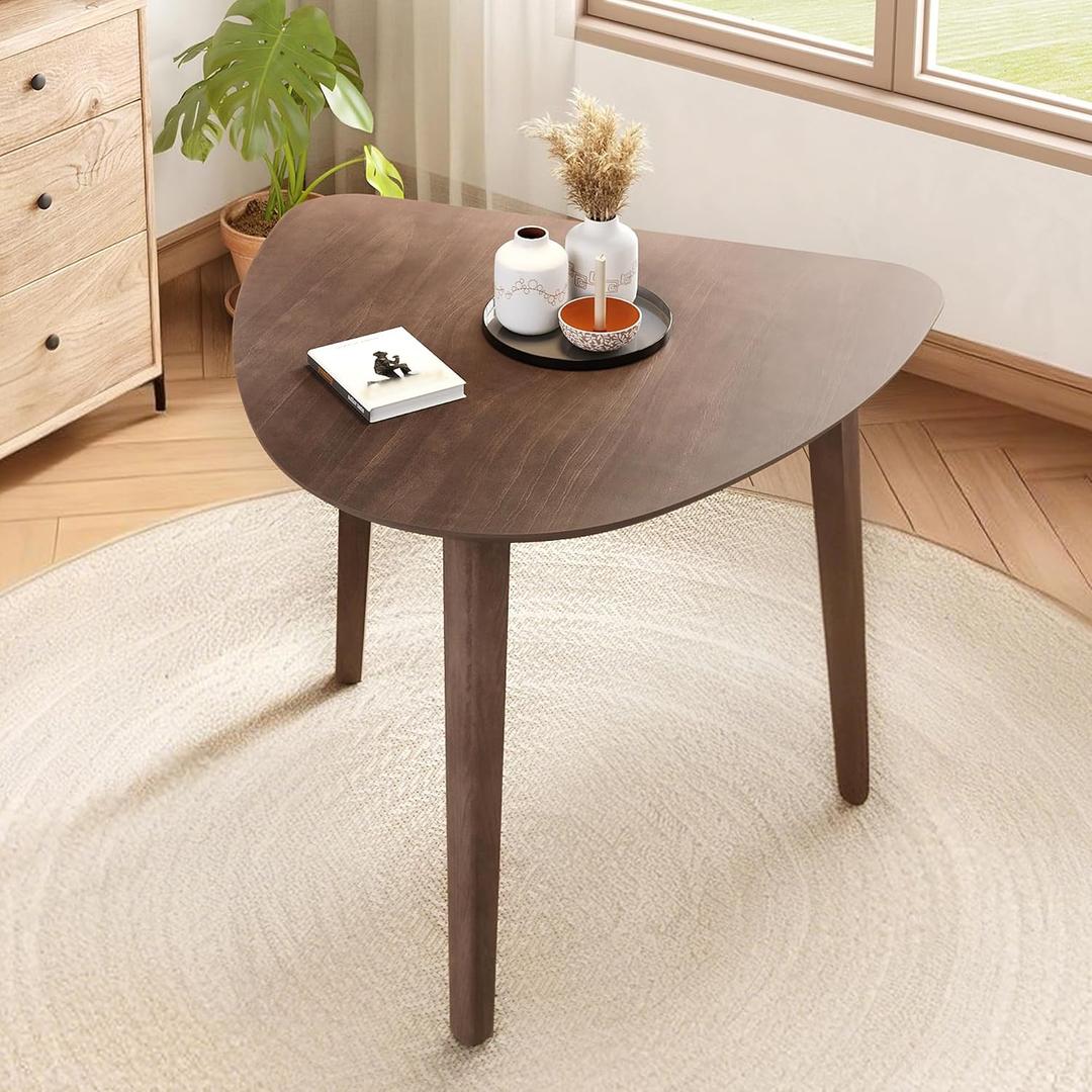 Merax Modern Triangular Side Table, Space-Saving 36 inch Wood Accent Table for Living Room, Bedroom, Solid Rubber Wood & MDF, Brown