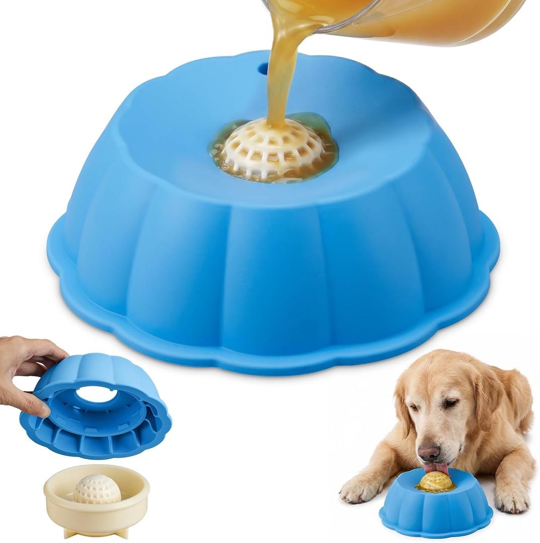 Dog Lick Bowl Ball Slow Feeder, Licking Bowl for Liquid Treat with Rolling Spin Sphere Roller Licker, Licky Feed Calming Anxiety Relief Enrichment Yogurt (Blue)