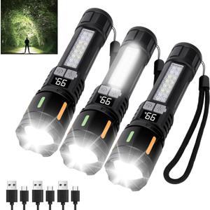 Flashlights High Lumens Rechargeable 3 Packs, 990,000 Lumen Led Flashlight Battery Powered with 5 Light Modes, Side Light, USB C, Waterproof, Zoomable, Blue & Red Strobe, Handheld Flash Lights (Medium -3pcs)