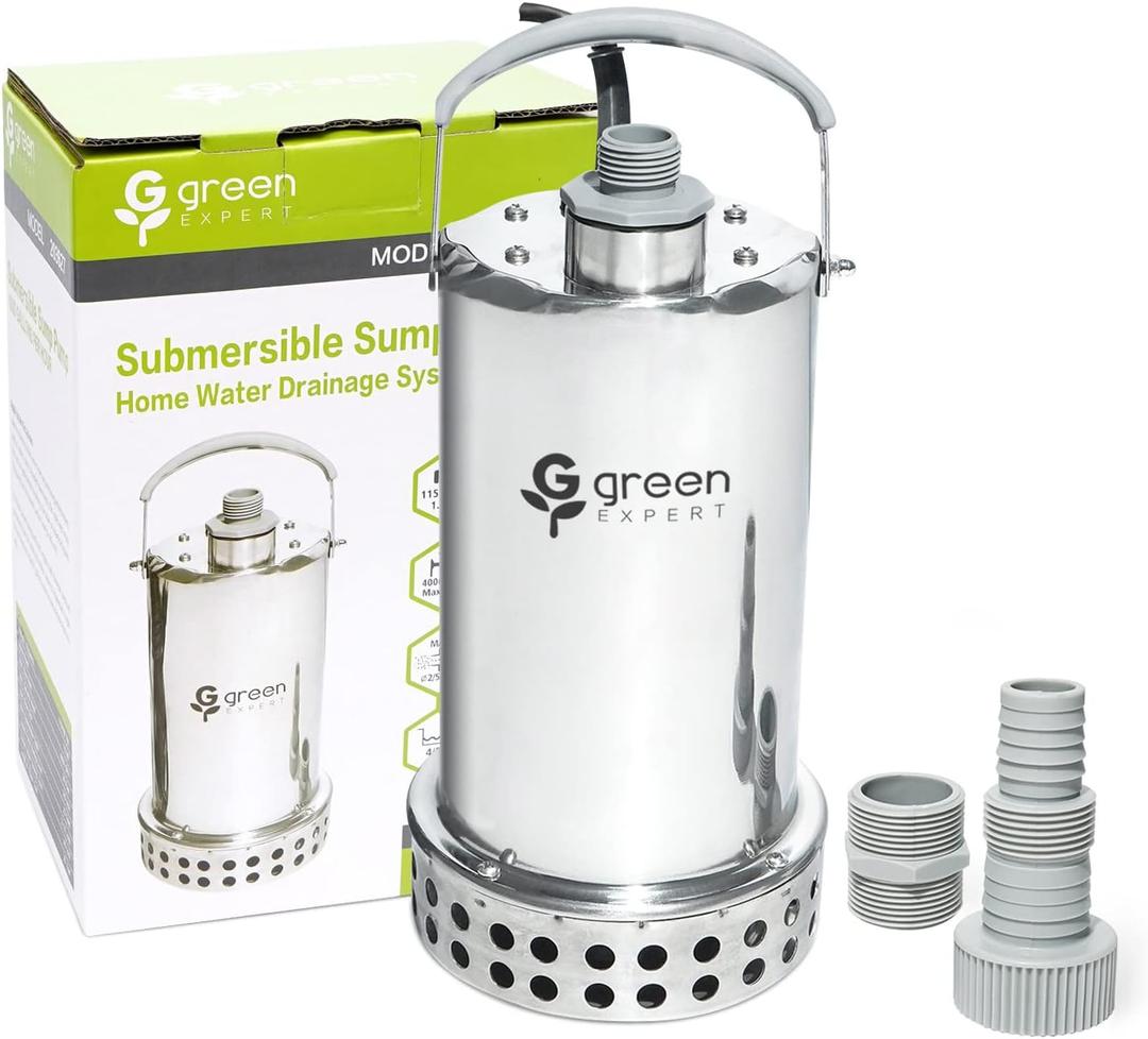 Green Expert 1HP Submersible Sump Pump 4000GPH High Flow Full Stainless Steel 25FT Power Cord Fast Water Drainage for Pools Flooded Basements Pits Garden Ponds Hot Tubs Rain Barrels Flush Systems