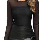 Womens Sexy Sheer Mesh Long Sleeve Tops Crew Neck Double Layered Tee Shirts Going Out Party Club Night Lace Blouse Medium