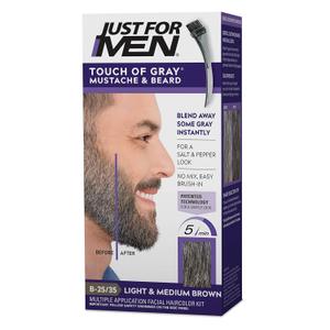 Just For Men Touch of Gray Mustache & Beard, Beard Coloring for Gray Hair with Brush Included for Easy Application, Great for a Salt and Pepper Look  Light & Medium Brown, B25/35, Pack of 1