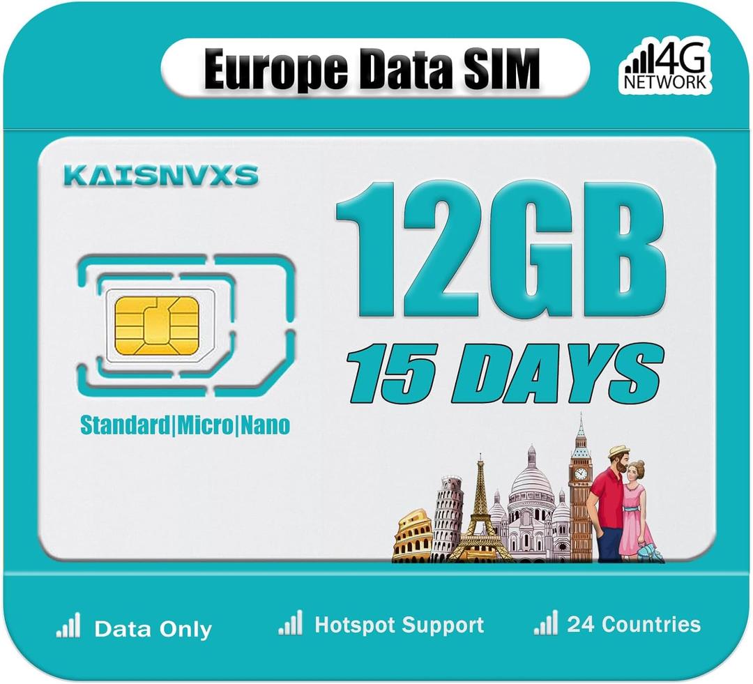 Plug and Play Prepaid SIM Card for Europe Travel - EU 12GB Data SIM Card for 15 Days in 24 Countries, 5G/4G LTE High Speed Data Network, No Need Activation, Hotspot Support, Data Use Only