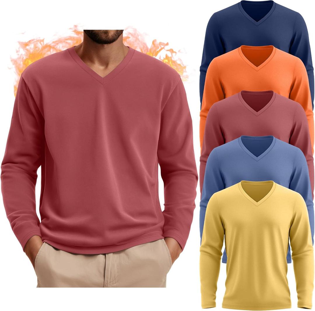 5 Pack Thermal Long Sleeve Shirts for Men V Neck Fleece T Shirt Loose Fit Base Layer Sweatshirts Cold Weather Size XXL