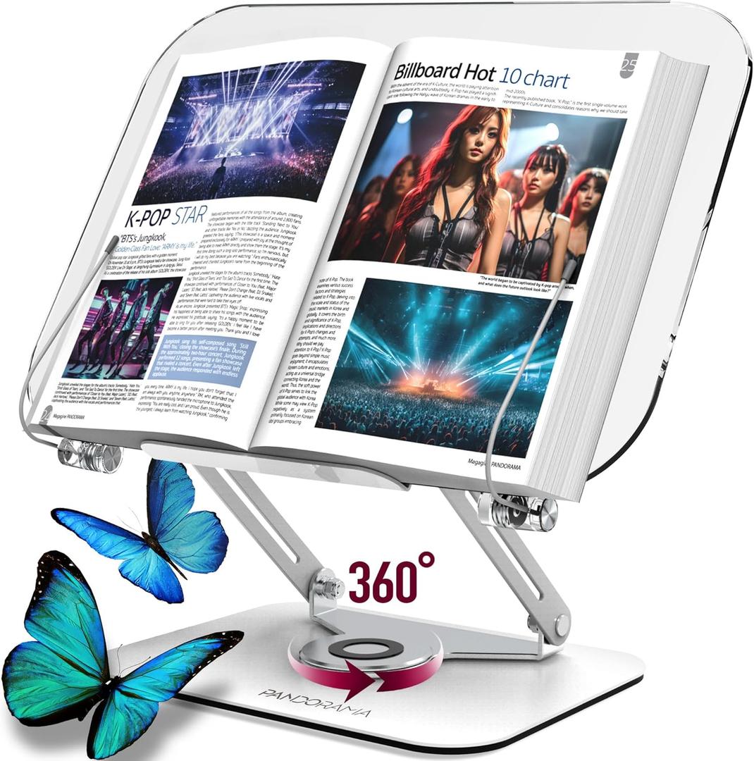 Acrylic Book Stand with 360 Rotating Body, Foldable Book Holder, Recipe and Laptop, Support up to 8.8 lb, Clear Stylish Ergonomic Design