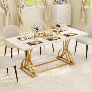 DWVO 70.3" Large Modern Dining Table for 6-8 People Rectangular White Kitchen Dining Room Table with Faux Marble Tabletop and Gold Geometric Metal Legs Farmhouse Wood Dinner Tables, White and Gold