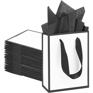 QIELSER White and Black Gift Bags with Handles 4.7x2.3x6.3 Inches Small Paper Bags with Tissue Paper Gift Wrap Bags for Party Favors, Birthday Gifts, Weddings, Baby Showers, Goodie Bags (30)