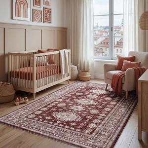 Boho Area Rug 8x10 - Vintage, Non Slip, Washable, Durable, Low Pile Rug for Living Room, Bedroom, Dining Room, Oriental Soft Distressed Printed Carpet, Burgundy