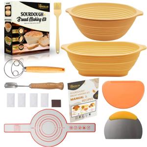 Sourdough Starter Kit with Silicone Bread Proofing Baskets  Complete Banneton Set with Danish Whisk, Bread Sling, Scoring Lame & Scrapers  Sourdough Bread Baking Supplies for Beginners & Pros