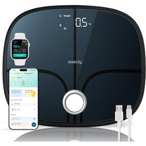 Etekcity Smart Rechargeable Scale for Body Weight, BMI, Fat, Muscle Mass, Digital Bathroom Scale with 13 Metrics, Secret Mode, Bluetooth Connect to Free Apps, Stealth Black
