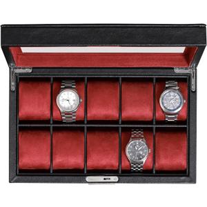 ROTHWELL 10 Slot Leather Watch Box - Luxury Case Display Jewelry Organizer - Locking Watch Display Case Holder with Large Glass Top - Box Organizer for Men and Women (Black/Red)