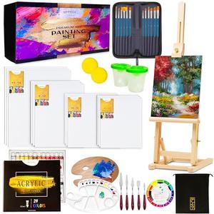 Premium Acrylic Art Paint Set | 62-Piece Professional Artist Painting Supplies Kit w/Wooden Tabletop Easel, Paints, Brushes, Knives, Palettes, Canvases & More, for Adults, Kids, Hobbyists & Beginners