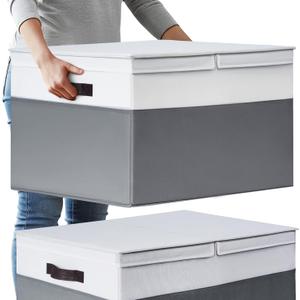 2 Pack EXTRA LARGE Blanket Storage Baskets with Lids, 22x16x12 Closet Organizers Bins for Clothes Towel/ Storage Box with Lid Handles/ Stackable Decorative Fabric Bins for Living Room, Nursery (White with Grey)