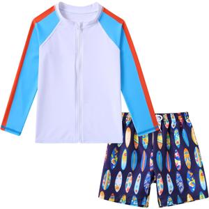 Boys Two Piece Swim Set Zipper Rash Guard Swimsuits Long Sleeve Bathing Suit for 4-12 Years (5-6 Years, Light Blue Paddleboard)