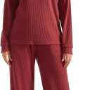 SUUKSESS Women Ribbed Lounge Sets Long Sleeve Pajama Two Piece Sets with Pockets (Red, XL)
