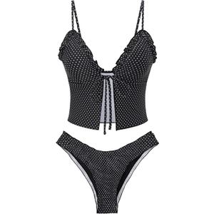 seamoly Women's Tankini Sets Tie Front Ruffle Bikini Set High Cut Thong Two Piece Swimsuit Floral Gingham Bathing Suit Small