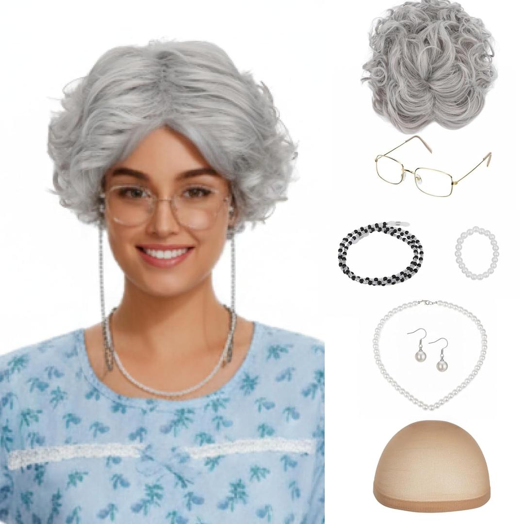 Old Lady Wig Costume for Women, 100 Days Curly Silver Grandma Wig, Granny Costume for Halloween Cosplay (7 Pieces) (Gray Afro Wig)