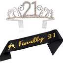 Ska Direct 21st Birthday Tiara and Sash,Finally 21 Sash and Crystal Rhinestone Tiara Birthday Crown for HAPPY 21st Birthday Party Supplies and Decorations (Sash+Tiara)/F21B
