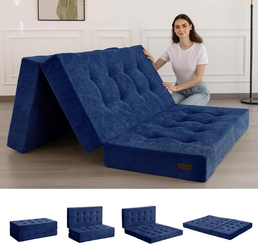 MAXYOYO Tri-Fold Mattress, 6 Inch Tufted Folding Mattress with Chenille Fabric, Portable Full Size Floor Guest Mat for Adults, Foldable Topper for Camping, Navy, 53"x75"