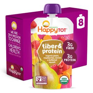2 x Happy Tot Organics Stage 4 Baby Food Pouches, Gluten Free, Vegan Snack, Fiber & Protein Fruit & Veggie Puree, Pears, Raspberries, Butternut Squash & Carrots, 4 Ounce (Pack of 8), Jan 26/2027