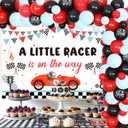 Race Car Baby Shower Decorations, A Little Racer is on the Way Backdrop Red Black Balloon Garland Arch Kit with Flag Print Latex Balloon for Vintage Lets Go Racing Party Supplies