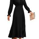 PRETTYGARDEN Women's 2025 Spring Fall Midi Dress Casual Long Sleeve V Neck Swiss Dot Pleated A Line Flowy Dresses (Black,XXLarge)