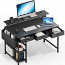 Black Gaming Desk with LED Lights and Power Outlets, 47 Inch Computer Desk with 3 Drawers and Adjustable Monitor Stand, Home Office Desks with Charging Station USB Port, Study Writing Table