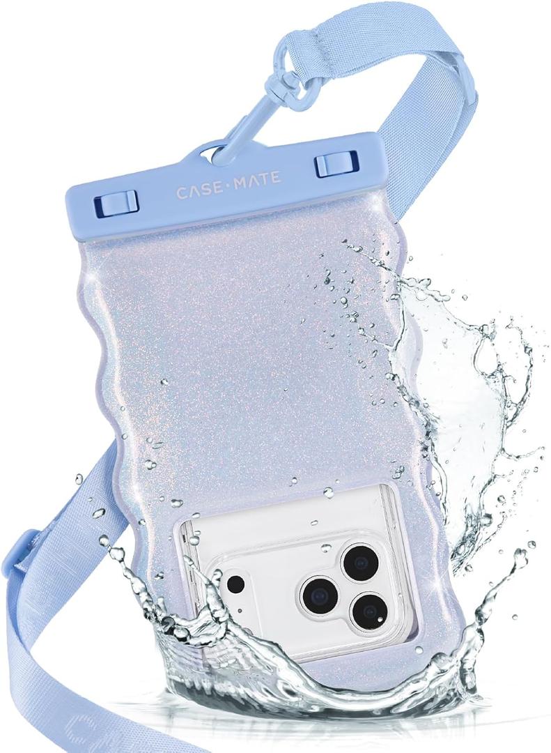 Case-Mate Wavy IP68 Waterproof Phone Pouch - Large Floating Phone Case w/Crossbody Lanyard - Cruise Ship Travel Essentials Compatible w/All Devices - Hidden Pocket for Card/Cash- Mist Twinkle