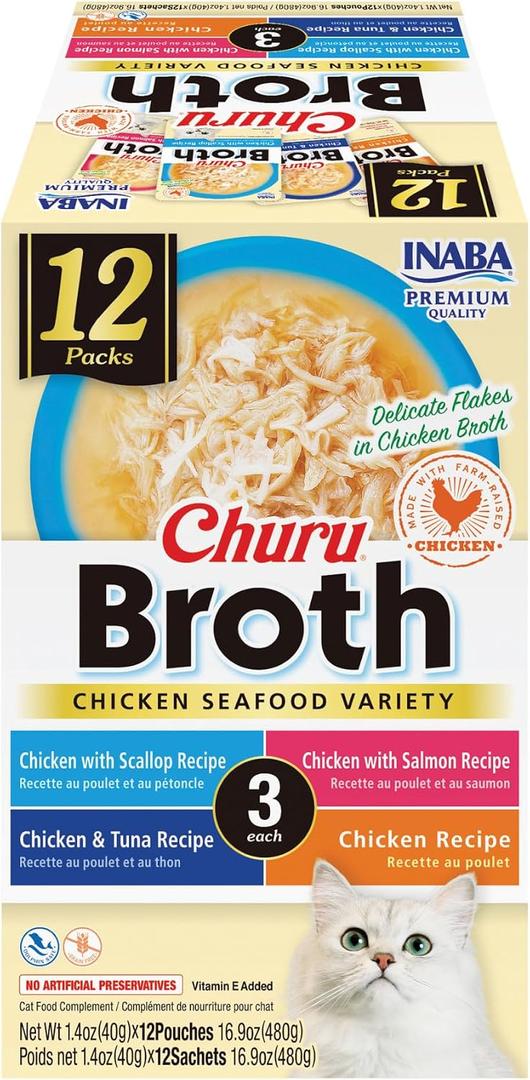 INABA Churu Broth for Cats, Side Dish Pouch, 1.4 Ounces per Pouch, 12 Pouches, Chicken & Seafood Variety (EXP 11/18/27)