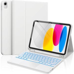 CHESONA for iPad 10th Generation Case with Keyboard, 2 Wireless Channels for iPad (A16) 11th/10th Gen (2025/2022), Backlight, Flip Stand Case with Pencil Holder, Multi-Touch Trackpad, White