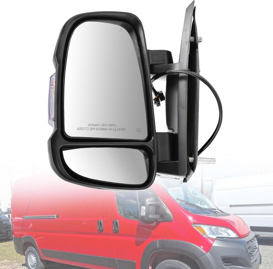 Left Driver Side Mirror Fits for Ram ProMaster 1500 2500 3500 2020-2025 Support BSM Power Glass Adjustment Power Heated with Turn Signal Light Temperature Sensor Short Arm 6ZD77JXWAA