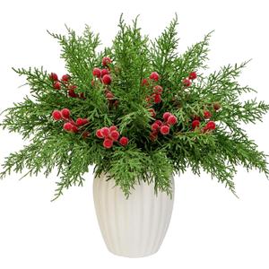 40Pcs Christmas 3D Artificial Pine Branches and Holly Berry Picks, 12.6 Inch Real Touch Faux Cedar Stems Fake Foliage Greenery Sprigs for Vase DIY Crafts Wreath Garland Holiday Decor (40, Red Berry)